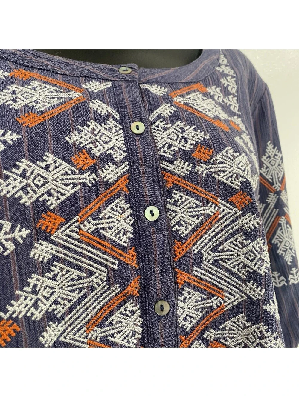 Sundance Top Medium Embroidered Cotton Henley Boho 3/4 Sleeve Pilgrim Pioneer